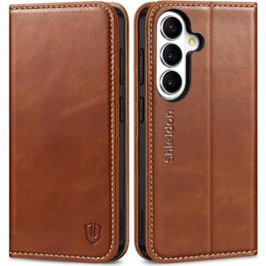 SHIELDON Case for Galaxy S26 6.3" 5G 2026, Genuine Leather Flip Wallet Book Design Magnetic RFID Blocking Credit Card Holder Kickstand Shockproof Cover Compatible with Galaxy S26 - Retro Brown