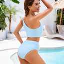 Women Bestselling Bikini Sets One Shoulder Swimsuits 2 Piece Tummy Control Bathing Suits High Waisted Floral 2025 (Blue, XL)