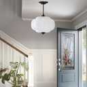 Bofea-Antique Milk Glass Semi Flush Mount Light,15" Black Schoolhouse Hanging Lights,Unique Vintage Pumpkin Pendant Light Fixtures,Indoor Art Deco Chandelier for Kitchen Hallway Dining Room