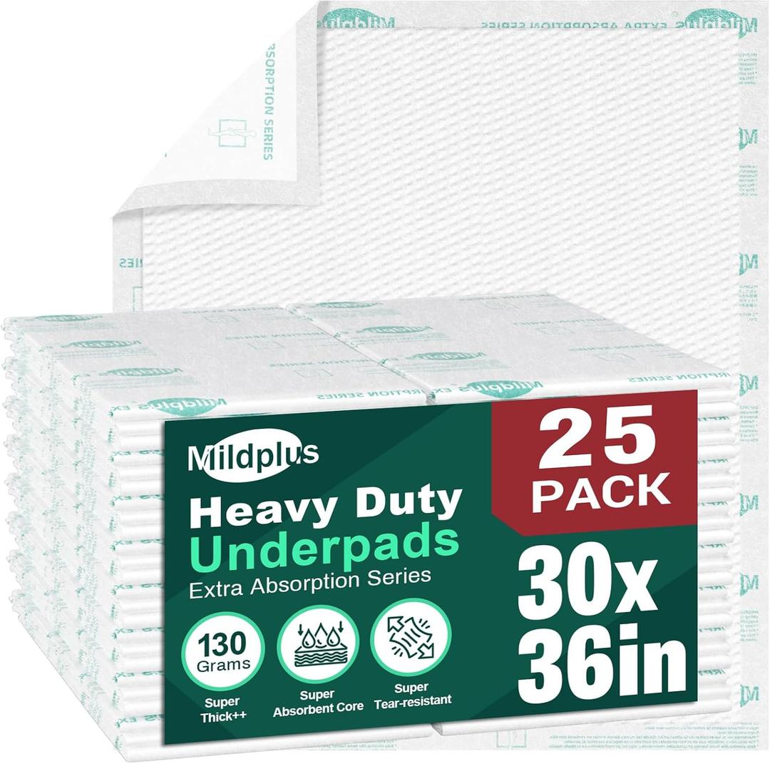 MILDPLUS Heavy Duty Underpads 30"X36", 25 Count, Ultra Absorbent Chucks 130 Grams Tear-Resistant Disposable Bed Pads with Strength Cloth Backing Incontinence Pads for Adults, Kids or Pets