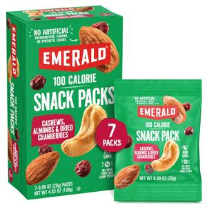 Emerald Nuts Cashews and Almonds with Dried Cranberries 7 Ct (1-Pack) | 100-Calorie Individual Packs of Nut Blend and Dried Fruit | Kosher Certified, Non-GMO, Contains No Artificial Preservatives, Flavors or Synthetic Colors (EXP 06/25/26)