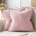 MIULEE Pink Corduroy Pillow Covers 16x16 Inch with Splicing Set of 2 Soft Boho Striped Pillow Covers Broadside Decorative Textured Pillowcases for Couch Cushion Bed Livingroom