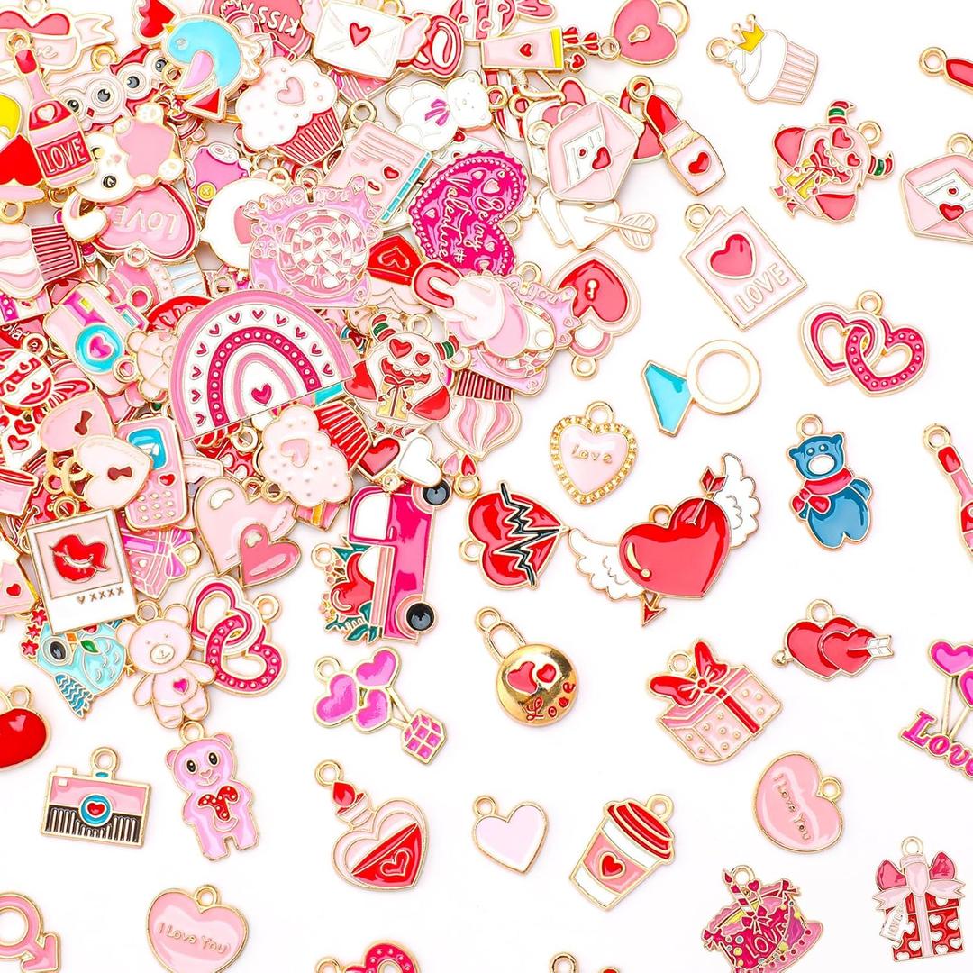 MARFOREVER 120PCS Valentines Charms for Jewelry Making, Assorted Gold Heart Enamel Charm Valentine's Day Love Charms Pendants for DIY Bracelet Necklace Earrings Making Supplies
