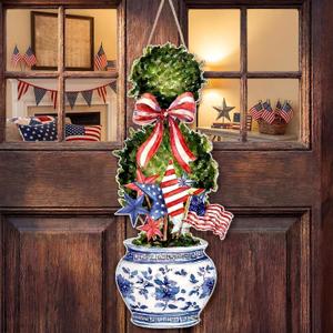 4th of July Large Size Chinoiserie Bonsai Door Hanger Patriotic Topiary Wooden Sign Front Door Home Wreath Red White and Blue Ornament for 250 Anniversary Independence Day Indoor Outdoor Yard Porch