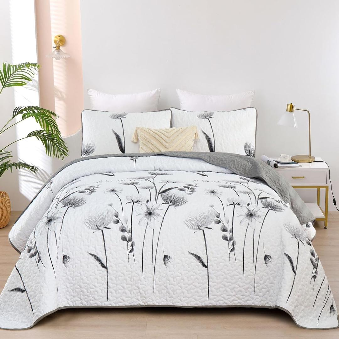 Dinjoy Floral Quilt Set Queen Size,Grey White Bedspread Coverlet Botanical 3 Pieces Fall Quilts Microfiber Lightweight Flower Bedspreads Soft Reversible Farmhouse Bed Cover for All Season(96"x90")