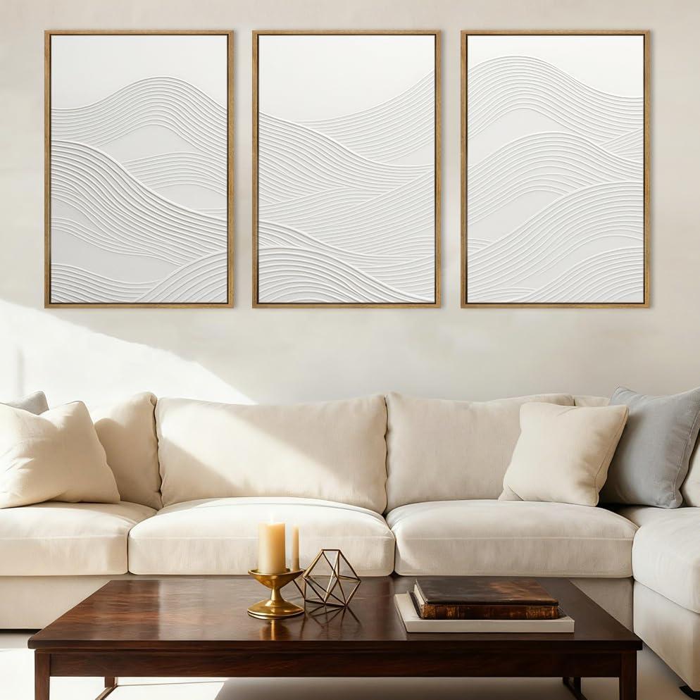 Anyzal Large White Textured Framed Wall Art 16x24 Inch Neutral Abstract Modern Canvas Wall Decor Gray Minimalist Ocean Waves Artwork for Living Room Bedroom Office Set of 3