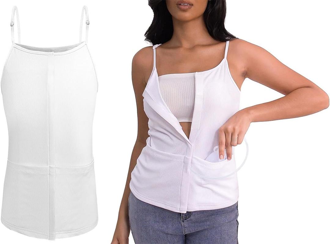 Post Mastectomy Shirts with Drain Pockets Breast Surgery Mastectomy Camisole Top with Hook and Loop Closure (Medium, White)