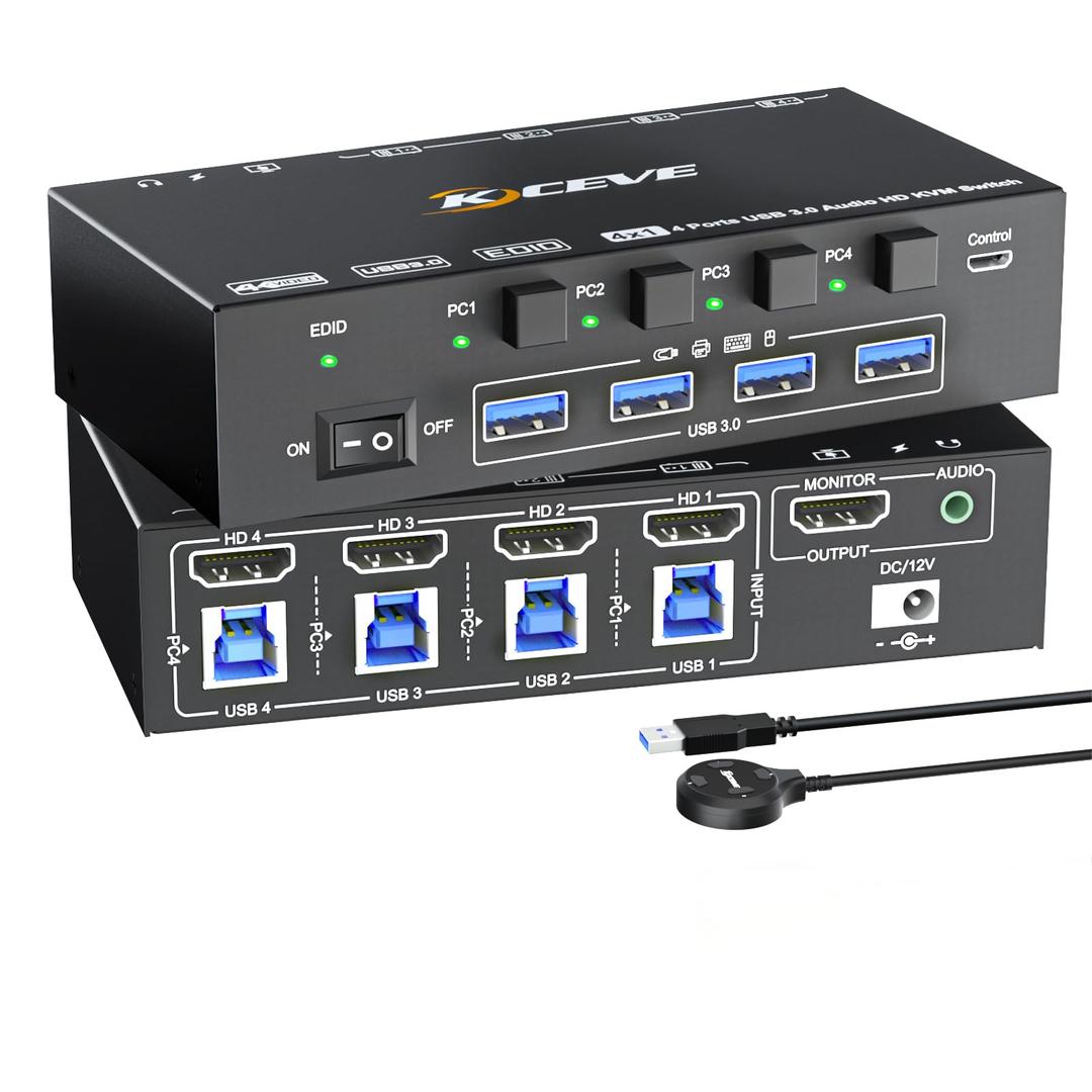 HDMI KVM Switch with Audio, 4 Ports KVM Switcher 8K@60Hz, with EDID Emulator for 4 Computers Share Mouse Keyboard and Monitor