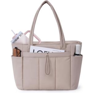 Wandering Nature Puffer Tote Bag with Cup Holder & Laptop Compartment & Trolley Sleeve for Travel, Work, Nurse, Women