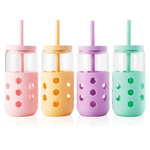 Mrsdry Glass Cups with Lids and Straws (4 Pcs), 16oz Drinking Glasses Set with Silicone Sleeves for Coffee Bar Accessories Iced Coffee Cups with Lids, Glass Tumbler Reusable for Gifts