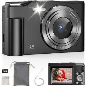 Digital Camera, FHD 1080P Kids Point and Shoot Camera with 16X Digital Zoom, Anti-Shake, Flash, 32GB Card, Portable Compact Travel Camera for Boys, Girls (Black)