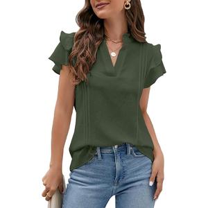 Blooming Jelly Womens Dressy Casual Tops Ruffle Short Sleeve V Neck Shirts Elegant Business Work Blouse, Army Green 
