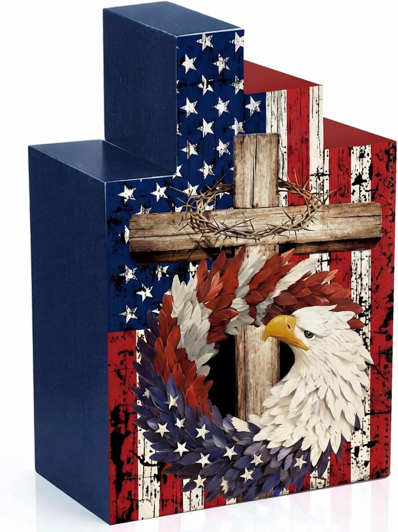 Amyhill 4 Pcs 4th of July Decorations Set Wooden Patriotic Table Centerpieces Independence Day Wood Firework Fourth of July Table Signs for 250th Anniversary Home Farmhouse Decor (Pattern Style)