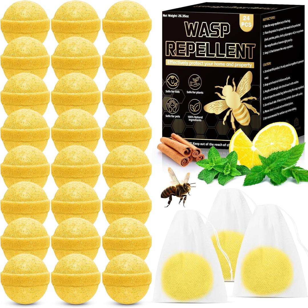 Bee and Wasp Repellent 24 Pack - Natural Peppermint Oil Wasp Repellent Balls, Bee and Wasp Deterrent for Outside Indoor Patio Garden Home, Quick and Easy Repel Bug Hornet, Pets Children Safe