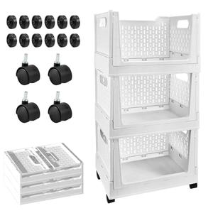 Stackable Plastic Storage Basket, 3 Pack Foldable Closet Organizers and Storage Bins with Wheels, Collapsible Drawer Shelf Storage Box Container for Office Bedroom Closet Wardrobe Kitchen Bathroom