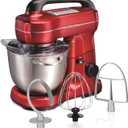Hamilton Beach Electric Stand Mixer, 4 Quarts, Dough Hook, Flat Beater Attachments, Splash Guard, 7 Speeds with Whisk, Easy-Carry Top Handle, Red