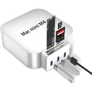 USB C Hub for Mac mini M4/M4 Pro with M.2 Nvme SSD Enclosure, 6 in 1 Mac mini M4 Dock with 3 * 5Gbps USB 3.0, SD/TF Car Slot, Mac mini M4 Nvme Adapter Fits 2230/2242/2260/2280