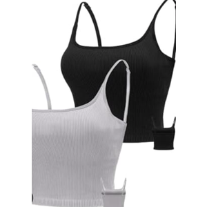 Chilylori Seamless Sports Bra Cropped Tank Top with Adjustable Straps Workout Tops Ribbed Sports Bra for Women Wireless Longline Crop Tank Padded Comfortable Brami 2 Pack Grey+Black M