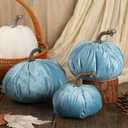 Beeveer 3 Pcs Assorted Sizes Velvet Blue Artificial Pumpkins Blue Faux Decorative Pumpkins Harvest Fall Decoration for Farmhouse Fall Halloween Thanksgiving Mantel Table Decor