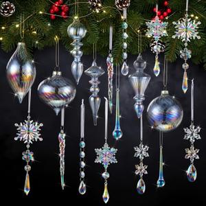 Jenaai 50 Pcs Crystal Glass Ornaments for Christmas Tree Vintage Hanging Acrylic Snowflake Drop Finial Christmas Ball Icicle Crystal Decorations for Xmas Winter Party Supplies(Iridescent)