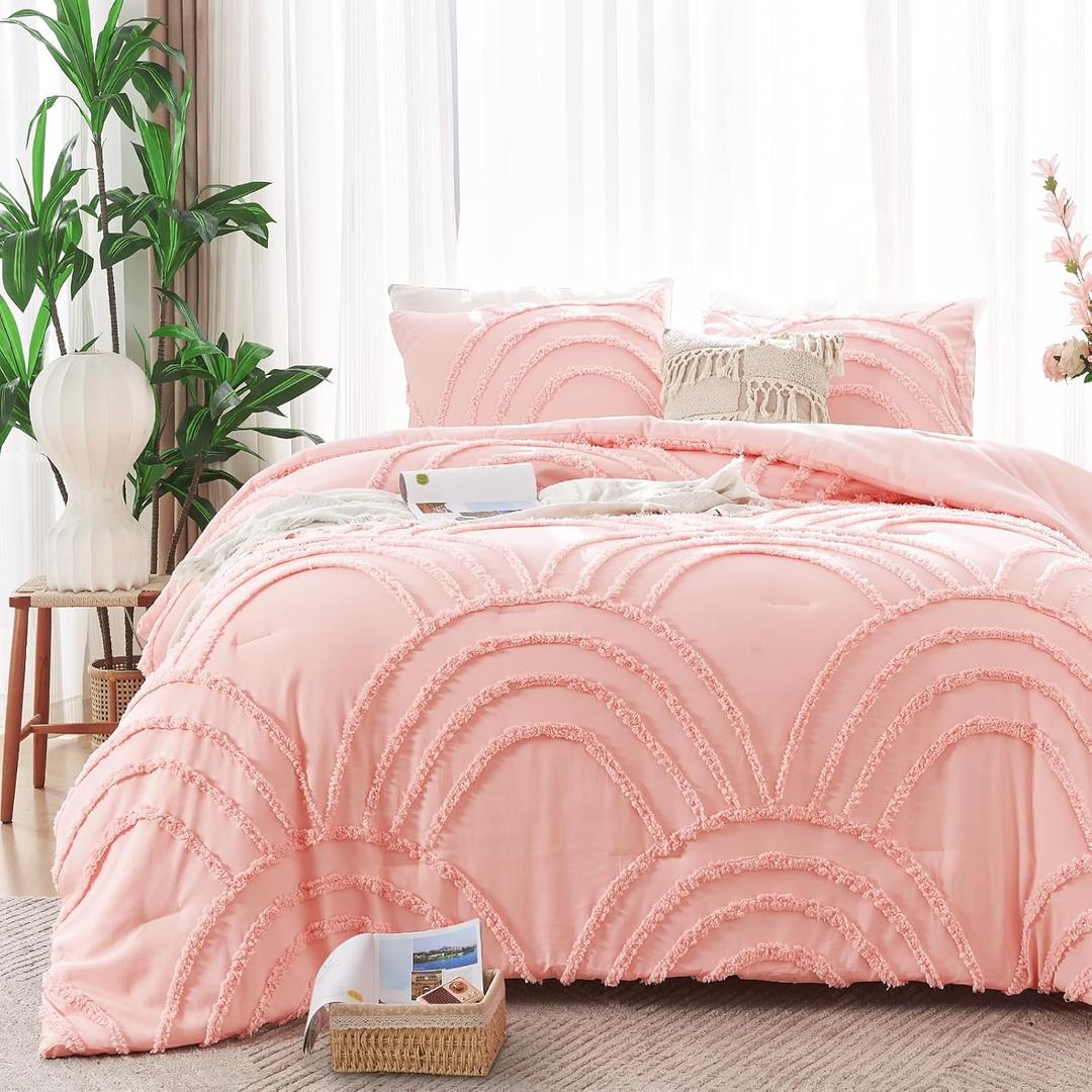 ENJOHOS Pink King Size Bedding Set for College Girls - Tufted Comforter with Rainbow Design, 3 Pc Rainbow Bedding for All Season, Lightweight Fluffy Microfiber Comforter with 2 Pillowcases (Pink Comforter)