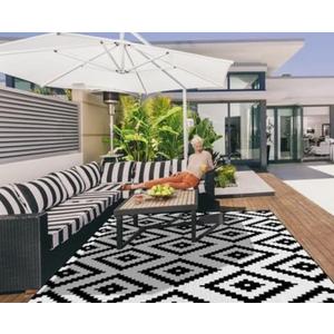 Tinideya Outdoor Rug Carpet, Waterproof Reversible Rug Mat Indoor Outdoor Patio Boho Rug for RV Camping Lightweight Plastic Straw Mat for Decorations(Stylish Pattern,9 x 12 ft)