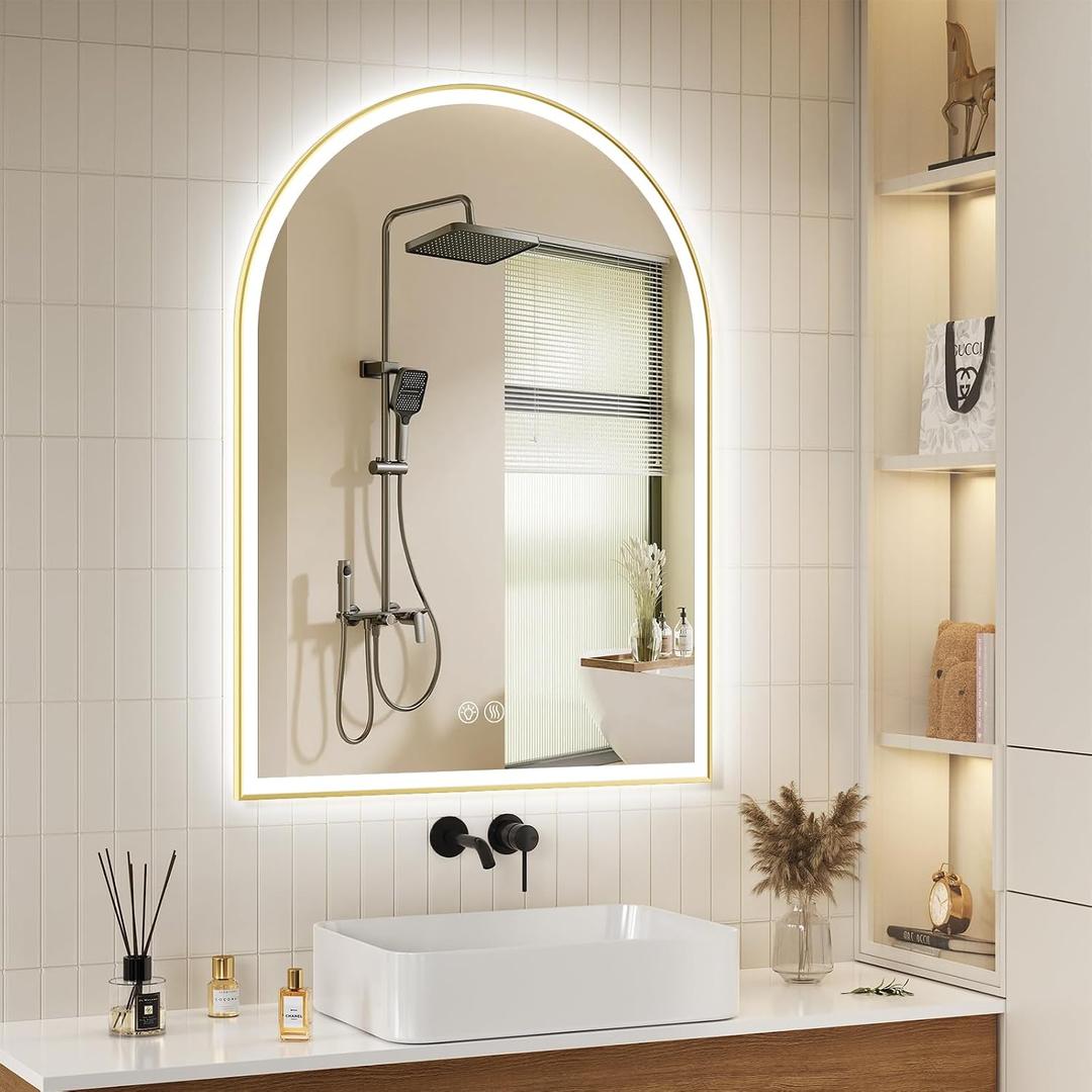 40''x30'' Arched LED Bathroom Mirror with Lights, Lighted Mirrors for Bathroom Wall, Anti-Fog, 3 Colors Dimmable, Memory Function, Backlit + Front Lit, Waterproof, Shatter-Proof, Golden Framed Arched