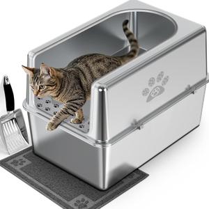 Enclosed Stainless Steel Cat Litter Box with Lid, XL Metal Litter Box for Big Cats, Extra Large Cat Toilet with High Side, Non-Stick, Anti-Leakage, Odorless, with Cats Litter Mat & Litter Scoop (XL-23.6"x15.7"x15.7")