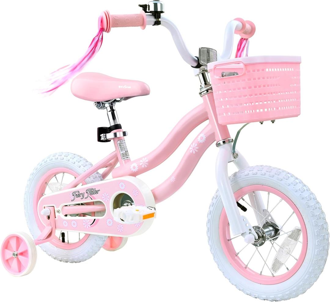 bicystar 12 Inch Flower Girls Bike with Training Wheels for Ages 2-3, Pink