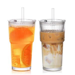 20oz Iced Coffee Cups with Lids,Coffee Bar Accessories, 2 Piece Ribbed Glass Cups with Lids and Straws, Vintage Glass Tumbler with Straw, Thicked Wall Drinking Glasses Ideal for Coffee