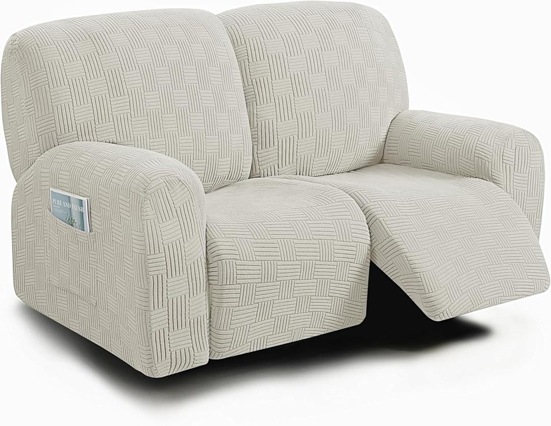 ULTICOR Reclining Loveseat Slipcover, 48" - 65" L, 6-Piece Jacquared Stretch Loveseat Reclining Sofa Covers, 2 seat Loveseat Recliner Cover, Thick, Soft, Washable (Style 4) (Ivory)