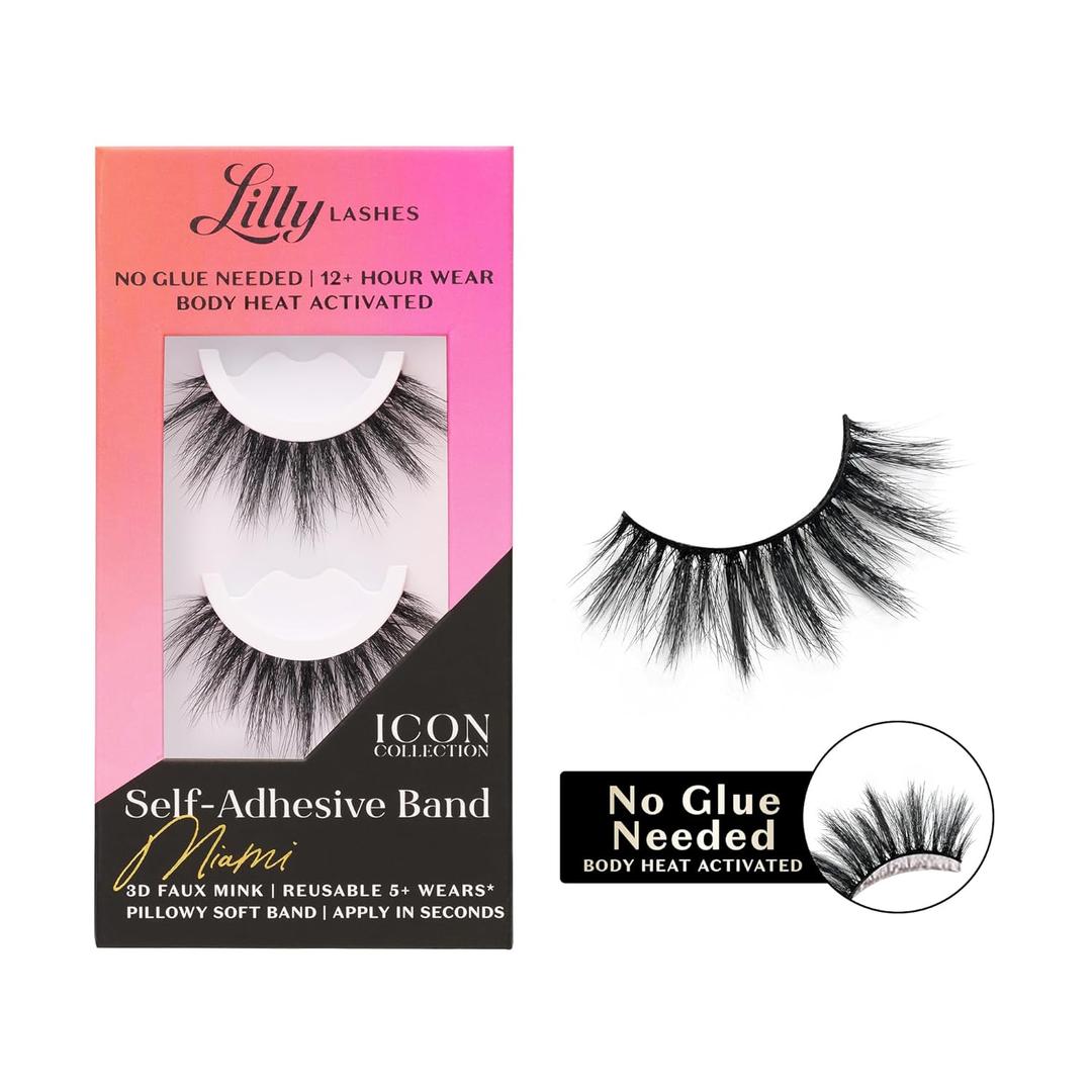 Lilly Lashes Self Adhesive Band 3D Faux Mink Eyelashes, No Lash Glue Needed, Body Heat Activated Press on Lashes, Reusable Self Adhesive Eyelashes Up to 5x, Easy to Apply & Remove (Miami)
