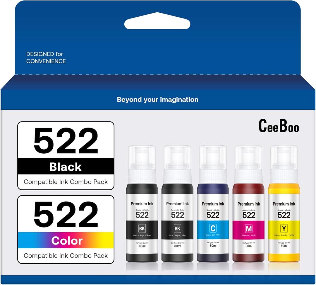 CEEBOO 522 High Capacity (5 Bottles) Refill Ink Bottle Replacement for Epson Compatible 522 Ink Refill Bottles (Not Sublimation Ink) Use for EcoTank ET-2803 ET-2800 ET-2720 ET-4800 Printer
