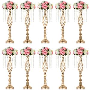 Nuptio 10 Pcs Crystal Flower Stand Wedding Centerpieces for Tables, 21.7in/55cm Tall Elegant Metal Flower Arrangement Stand, Tabletop Metal Flower Vase for Wedding Party Dinner Event Hotel Home Decor (Gold)