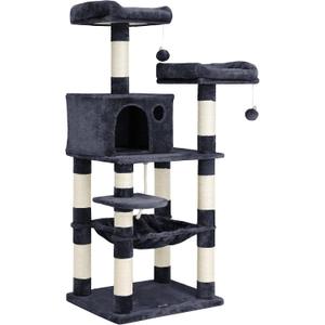 Feandrea Cat Tree, 56.3-Inch Cat Tower, Multi-Level Plush Condo with 11 Scratching Posts, 2 Perches, Hammock, Cave, Smoky Gray UPCT15GYZ