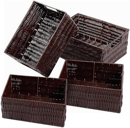 Elevon Handmade Storage Basket Set of 4, Plastic Wicker Baskets for Organizing with Handles, Storage Bins for Home Kitchen Countertop, Shelf Organizer, Waterproof, Coffee