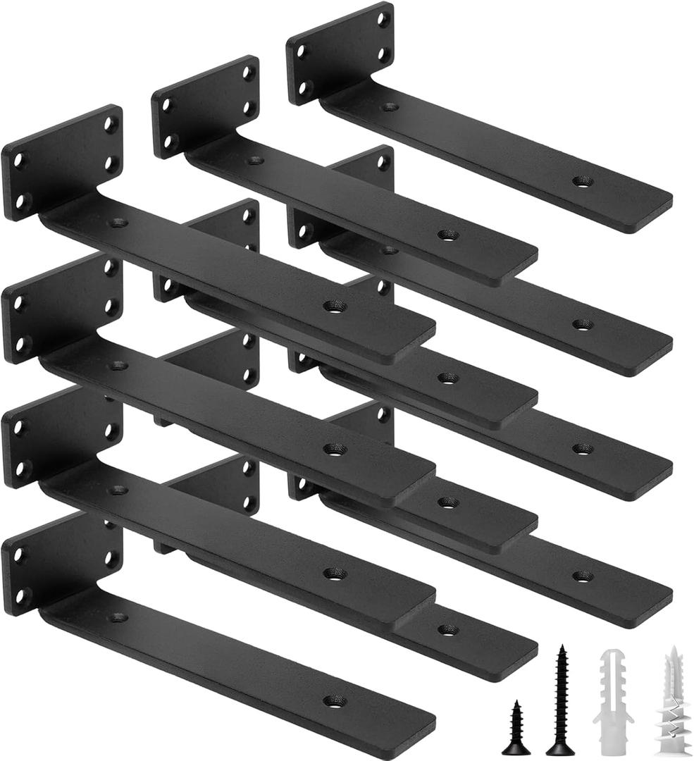 HITOMEN Heavy Duty Floating Shelf Brackets, 8-Inch (1/5'' Thick) Hidden Shelves Hardware, Cast Iron L Brackets, Rustic Industrial Black Metal Wall Shelving Supports, 12 Pack