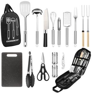 Camping Cooking Utensils Set, Stainless Steel Grill Tools, Camping BBQ Cookware Gear and Equipment for Travel Tenting RV Van Picnic Portable Kitchen Essentials Accessories (Black-16 PCS)
