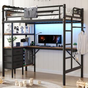 Twin Size Loft Bed with L-Shaped Desk, LED Lights,Charging Station, Industrial Heavy Duty Metal Loft Bed Frame with 3 Storage Shelves and 3 Fabric Drawers, Safety Guard & Ladder, Vintage Brown
