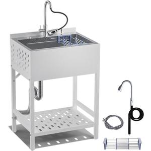 24 Inch Stainless Steel Utility Sink, Freestanding Commercial Sink with Pull-out Faucet,Heavy Duty Single Bowl Laundry Sinks for Garage,Kitchen,Outdoor, 24.21"L x 18.66"W x 35.04"H,White