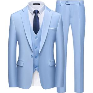 WULFUL Mens Slim Fit Suit One Button 3-Piece Blazer Dress Business Wedding Party Jacket Vest & Pant M
