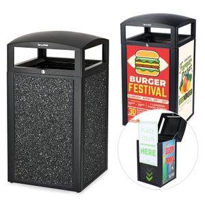 Alpine Outdoor Commercial Trash Can with Lid - 40 Gallon Heavy Duty Metal Garbage Can with Advertising Panels, Removable Bin, Locking Lid for a Modern Look in Pool, Park, Mall (Grey Stones)