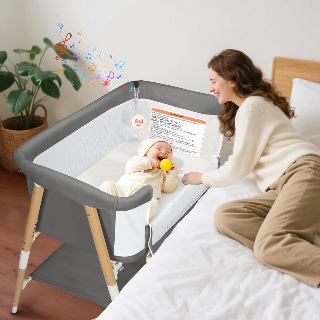Baby Bassinet, 3 in 1 Bedside Bassinet Sleeper for Newborn, Portable Baby Crib with 4 Detachable Wheels & Adjustable Height, Breathable Mesh & Mattress, Mosquito Net& Storage Basket (Grey)