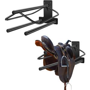 2Pcs Saddle Rack with Double Pad Bar,Heavy Duty Wall Mounted Saddle Rack Stand Saddle Pad Rack for English and Western Saddles,23.8x12.6x7.5 Inches