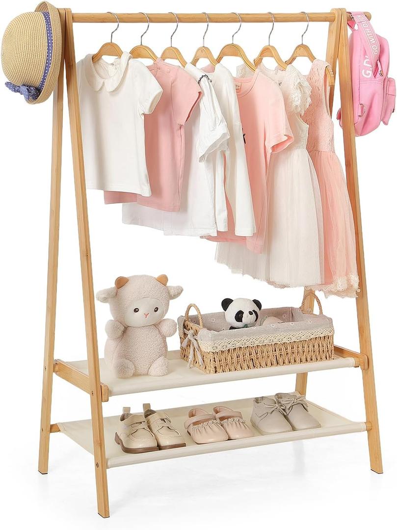 Foldable Kids Clothing Rack - Dress Up Storage with 2 Fabric Shelves, Bamboo Small Clothes Rack for Hanging Organizer, Kids Costume Wardrobe & Dress Up Rack for Bedroom, Playroom, Nursery (Natural)