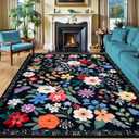 8x10 Area Rugs for Living Room: Washable Rug Vintage Large Soft Boho Floral Non-Slip Carpet Indoor Floor Stain Resistant Thin Carpets for Bedroom Dining Room Farmhouse Nursery Home Office Black