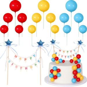 16 Pcs Happy Birthday Cake Topper Cake Bunting Topper Banner with Wood Pole Rainbow Garland with Bow Ribbon Balloon Cupcake Decor for Birthday Baby Shower (Lake Blue,Yellow,Red)