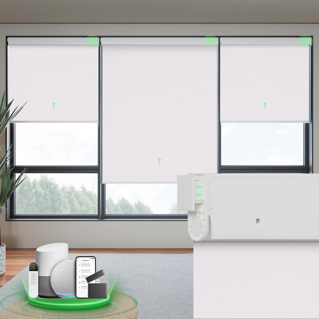 Motorized Blinds with Remote, Blackout No Drill Cordless Smart Roller Shades, Automatic Blinds for Windows, White,30" W x 72" H