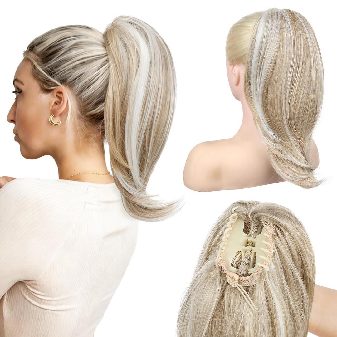 NTYNTY Ponytail Extension – 16” Claw Clip in Ponytail Hair Extensions Natural Soft Synthetic High Pony Tail Hairpieces for Women (Ash Blonde with Highlights, 16 inch)