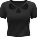 Hilinker Women Cut Out Crop Top Sexy Short Sleeve Shirts Slim Fit Casual Cropped Tees Black Large (L)